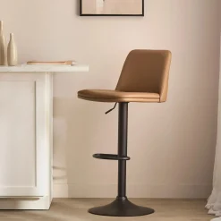 Beige Faux Leather and Metal Bar Stool