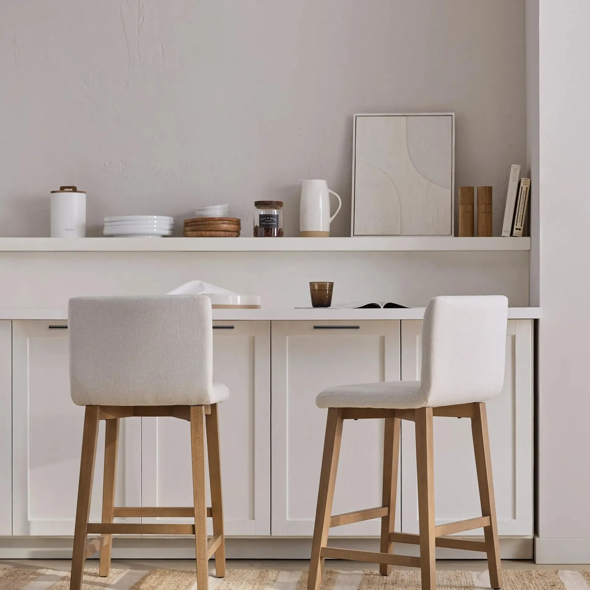 Fabric and Natural Wood Bar Stool