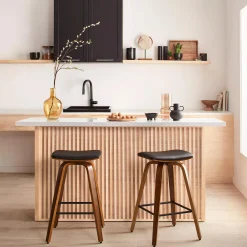 Faux Leather and Walnut Wood Backless Stool