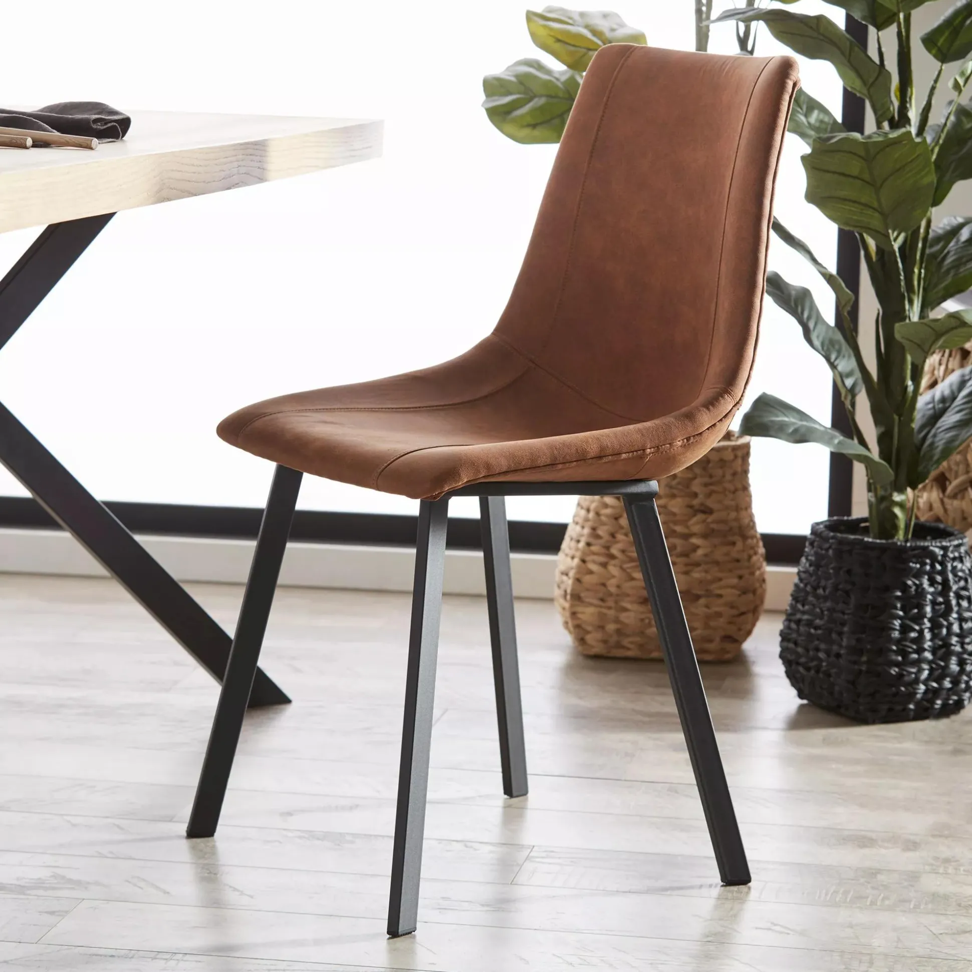 Rust Textured Faux Leather and Metal Dining Chair
