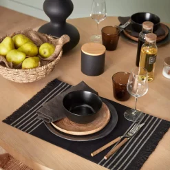 Set of 4 Black & Natural Fringed Fabric Placemats